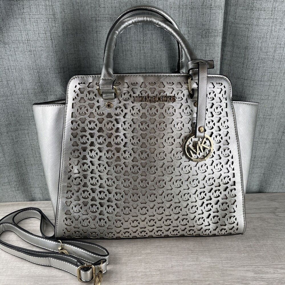 Michael Kors Metallic Silver Laser Cut MK Logo Satchel Purse Square Vintage